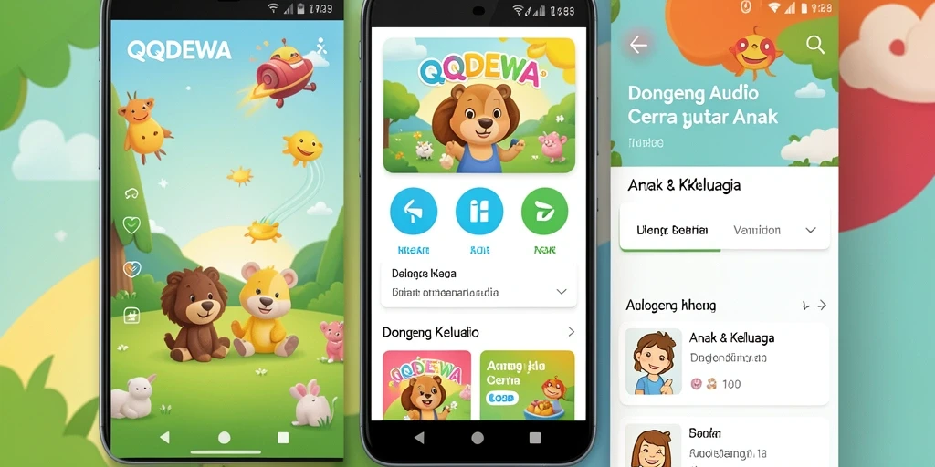 Tampilan antarmuka aplikasi QQDEWA dengan pilihan dongeng audio.